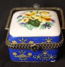 Vintage Porcelain Cobalt Blue Yellow Trinket Box Hinged Gold Trim and Handle SEE picture
