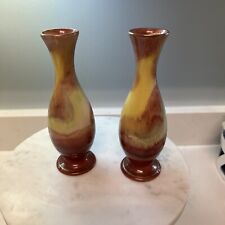 VTG PAIR West Germany Bay Keramik Vases MCM 7” Rust Yellow Glazes Art Pottery picture