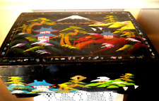 Vintage Japanese Black Lacquer Jewelry Box with Shell Hand Painted 13 x 8 x 5