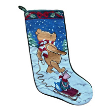 Disney 'Classic Pooh' Needlepoint Stocking Winnie & Piglet Snow Christmas 🎄 VTG picture
