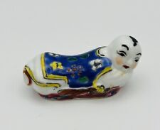 Vintage Chinese Chopstick Rest Porcelain Reclining Boy Pillow Hand Painted 2,5in picture