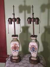 Antique Victorian PAIR European Coat of Arms Brass Base Porcelain Vase LAMPS picture