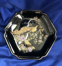 Otagiri OMC Black Hexagonal Plate Peacock and Flowers Trimmed In Gold Japan picture