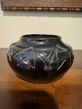 Pine Ridge Sioux Pottery Dated 1938 BLACK scraffito Bowl.   RARE picture