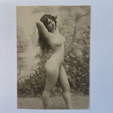 French Photo Postcard Nude Beautiful Woman Thinking in Garden with lake Risqué picture
