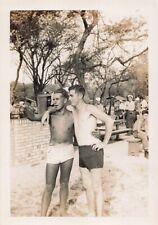 2 Shirtless Affectionate Men Hand On Shoulder Navy Beach picture