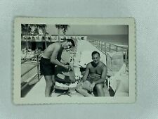 Two Men Swim Suit Holding Camera Shirtless Vintage B&W Photograph 3.5 x 5 picture