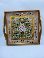 Robert M Weiss Wood Tray Reverse Hand Painted Glass Made in Peru Green Floral picture