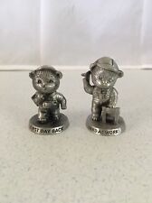 2 VINTAGE AVON FINE PEWTER TEDDY BEAR FIGURES -HARD AT WORK & FIRST DAY BACK picture