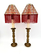 Pair of Antique Brass Push-up Candle Holders w/ Red Fringe, Metal Covered Shades picture