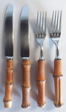 VINTAGE AUTHENTIC BAMBOO HANDLE TIKI FLATWARE 4PC FORK & KNIFE STAINLESS JAPAN picture