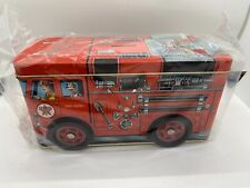 Vintage Fire Truck Metal Tin Coin Bank Moving Wheels  8 x 4 x 3