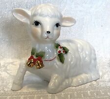 Vintage Christmas Sheep Lamb Figurine Holly & Gold Tone Bells Ceramic 3.5” H picture