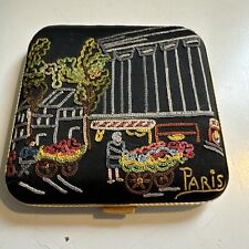 VTG FRENCH POWDER COMPACT BRODERIE MAIN FRANCE Street Scene Embroidered Black picture