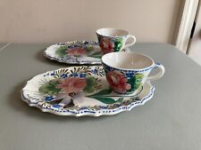 2 VTG ITALIAN RENAISSANCE REVIVAL NOVE ROSE FLORAL MAJOLIC SNACK TRAY & CUP SETS picture