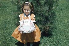 1961 Girl Holding Birthday Cake Smiling Outside Vintage 35mm Slide picture