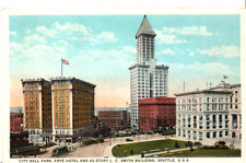 Vintage City Hall Park Frye Hotel & 42 Story LC Smith Bldg. Seattle Postcard A13 picture
