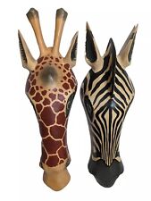 Pair of Hand Carved Wooden Masks African Giraffe & Zebra Painted Wall Hangings picture