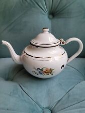 Antique French White Enamelware Teapot with Flowers picture