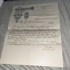Antique 1908 Letter: V Zanetti Padova Factory Letterhead Italy Italia Garibaldi picture