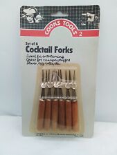 COCKTAIL FORKS WOODEN HANDLES STAINLESS STEEL NEW VINTAGE COOKS TOOLS HORDERVES picture