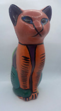 Mexican Pottery Folk Art Cat Figurine 9in Hand-painted Colorful Red Clay picture