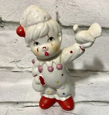 Vintage Ceramic Polka Dot Clown Holding Bird Figurine 5.25” picture