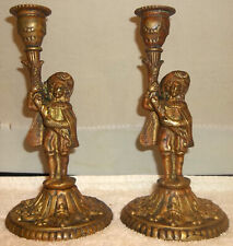 Pr. Antique Victorian Musketeer Cavalier Figural Brass Candlestick Holders picture
