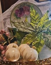4 SHABBY CHIC VINTAGE PINK GLASS SNOWCAP WHITE GLITTER RAUCH Christmas Ornaments picture