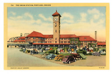 Union Station Portland Oregon OR 1937 Curteich Linen Railroad Vintage Postcard picture