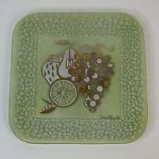 Vintage Dan Baird Green Glass Platter with Fruit Design Retro MCM Tray 9 Inches picture
