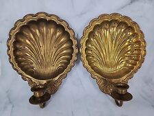 Vintage Scalloped Clam Shell Brass Candle Stick Sconce Pair Wall Taper 11” x 9” picture
