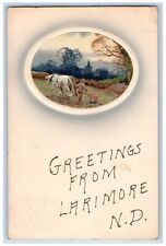 Larimore North Dakota Postcard Greetings Embossed Farming Horses c1910 Vintage picture