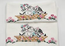 Cat Pillowcases Set Of 2 Embroidered Cottage Granny Core Standard Size picture