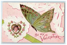c1910's Valentine Green Butterfly Heart Girl Head Flowers Embossed Postcard picture