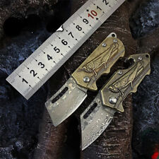 Mini Wharncliffe Folding Knife Hunting Survival Keychain Damascus Steel Brass XS picture