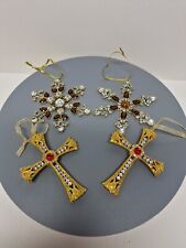 Lot Of 4 Ornate Jeweled Religious Cross And Snowflakes Christmas Ornaments,C14te picture