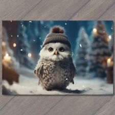 POSTCARD Cute Owl in Pom Pom Knitted Hat Snowy Delight Winter Cute Funny Hoot picture