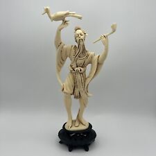 Vintage Asian Chinese Man Holding a Pipe & Bird Long Beard Resin Statue picture