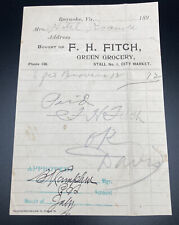 c1890s Hotel ROANOKE Purchase Receipt From F. H. Fitch Green Grocery In VIRGINIA picture