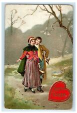1912 Valentine Sweet Couple Love's Token Heart Flowers Embossed Antique Postcard picture