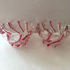 Mikasa Crystal Dish Bowl Candle Holder PAIR Red Peppermint Swirl 4 1/4