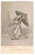 c1905 UDB PC: Japanese Woman with Umbrella Walking in Rainy Weather picture