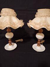 A Pair of Vintage White Milk Glass and Wood Hobnail Lamps with Original Shades picture