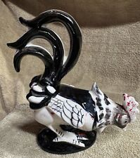 Vtg Rooster Figurine Ceramic Black & White Gloss Finish Chicken Farmhouse picture