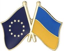 EU European Union Europe Ukraine Ukrainian National Flag Crossed Flags Pin picture