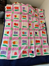 Vintage Handcrafted Quilted Tulip Applique Patchwork Quilt 79x68 1940s/50s picture
