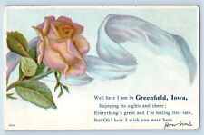 Greenfield Iowa IA Postcard Greetings Message Rose Flower Embossed 1909 Antique picture