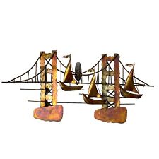 Vintage Mid Century Copper Metal Brutalist Style Wall Hanging Sailboats Bridge picture