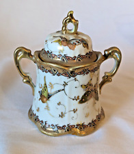 Antique RARE gold tone double handled sugar dish + lid hand painted butterflies picture